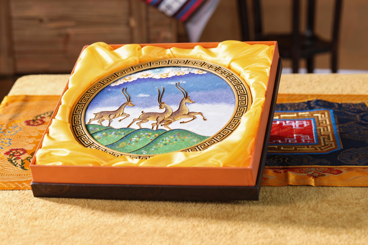 Golden Deer Cloisonné enamel Art — Handmade Tibetan Folk Art, Mineral Pigment Home Decor