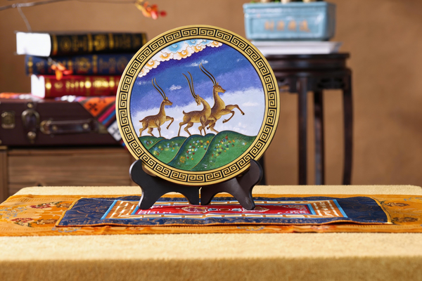 Golden Deer Cloisonné enamel Art — Handmade Tibetan Folk Art, Mineral Pigment Home Decor