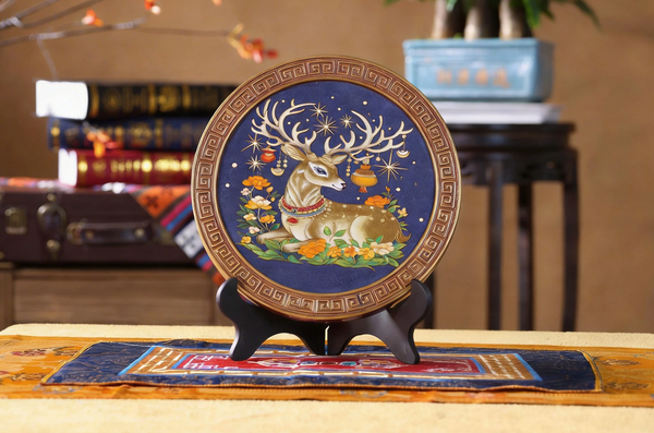 Lucky Deer Wall Decor, Traditional Tibetan Cloisonné Enamel Art, Tibetan Buddhist Symbol of Longevity and Prosperity