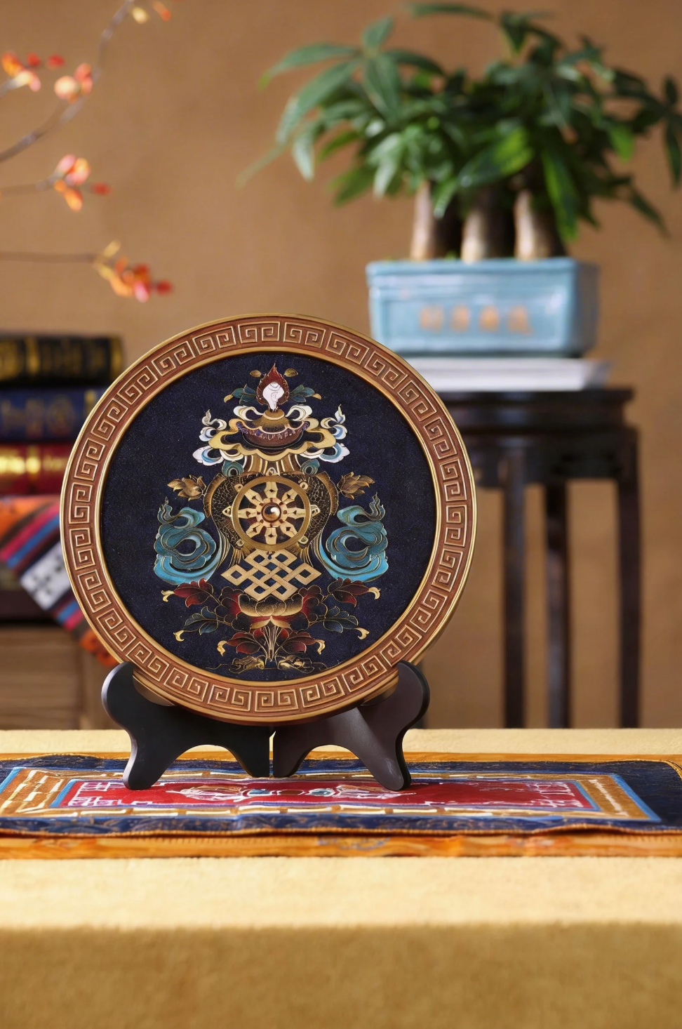 Eight Auspicious Symbols Gold Wire Art – Tibetan Buddhist Wall Sculpture, Handmade Metal Thread Decor, Spiritual Home Gift