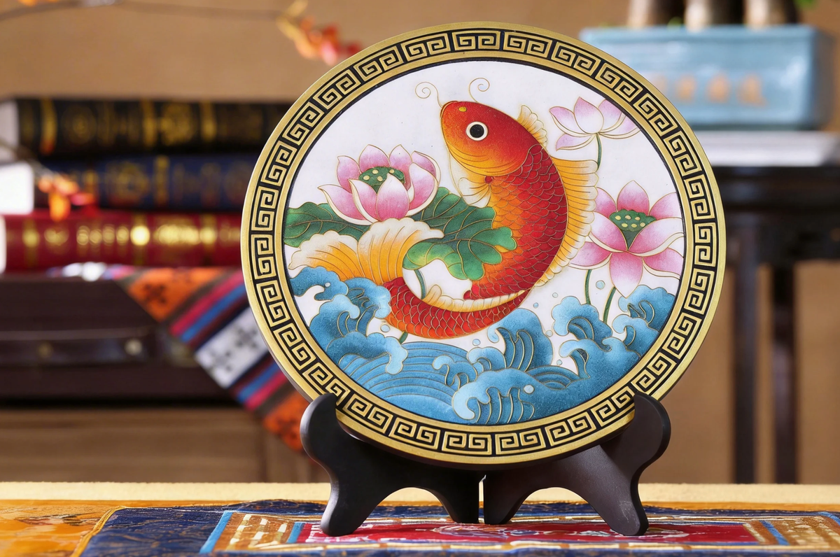 Lotus and Koi Fish Gold Wire Art – Handmade Metal Thread Wall Sculpture, Asian Zen Decor, Tibetan Symbolism Gift