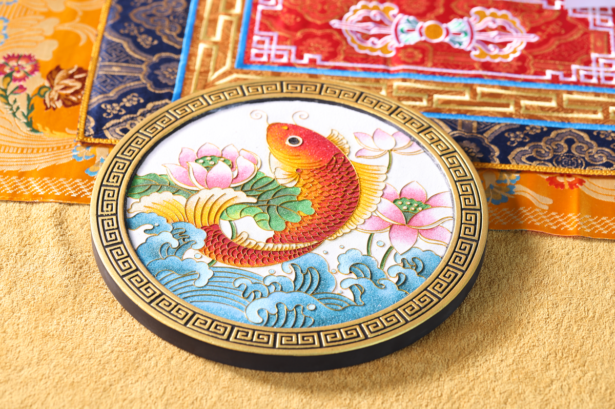 Lotus and Koi Fish Gold Wire Art – Handmade Metal Thread Wall Sculpture, Asian Zen Decor, Tibetan Symbolism Gift